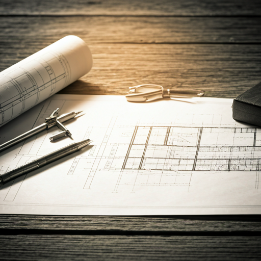 Blueprint arsitektur klasik di meja kerja